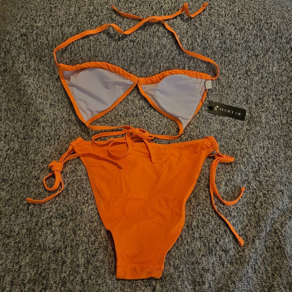 Two Piece Bikini Set Women's Sz XS -Orange Adjustable Ties Sexy Bathing Suit NWT - Picture 6 of 9